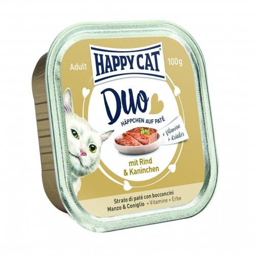 HAPPY CAT DUO PÁSTÉTOMOS FALATKÁK MARHA-NYÚL 12x100g