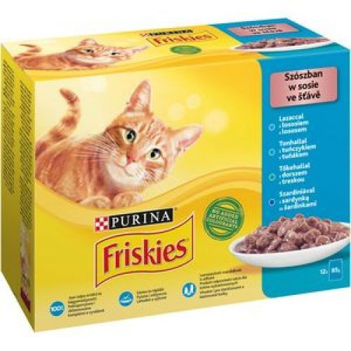 FRISKIES Szószban Lazaccal/Tonhallal/Szardíniával/Tőkehallal nedves macskaeledel 12x85g