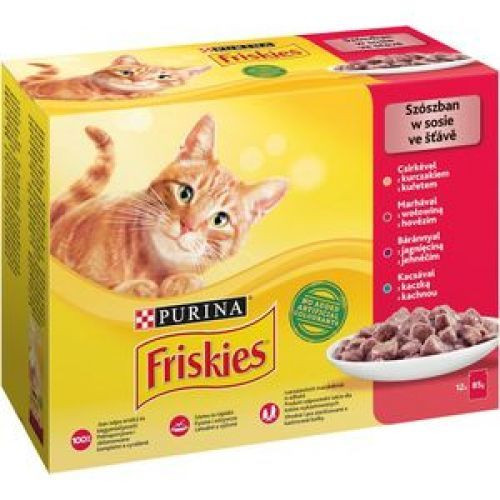 FRISKIES Szószban Csirkével/Marhával/Báránnyal/Kacsával nedves macskaeledel 12x85g