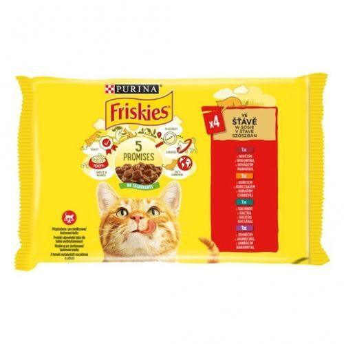 FRISKIES Szószban Csirkével/Marhával/Báránnyal/Kacsával nedves macskaeledel 4x85g